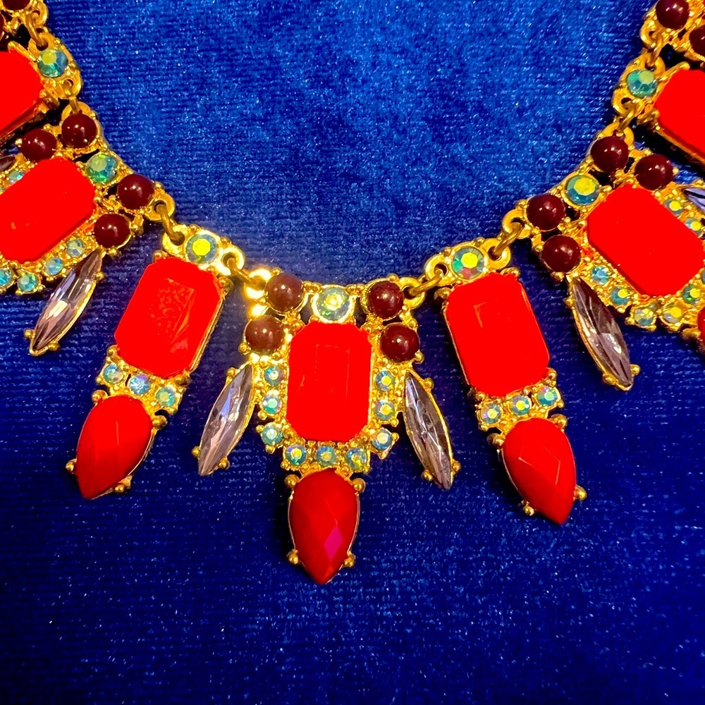 J.Crew Red Crystal Rhinestone Statement Bib Necklace Gold Tone